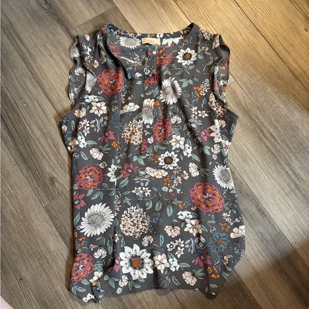 LOFT Floral Ruffle Sleeve Blouse - Gray and Multicolor
